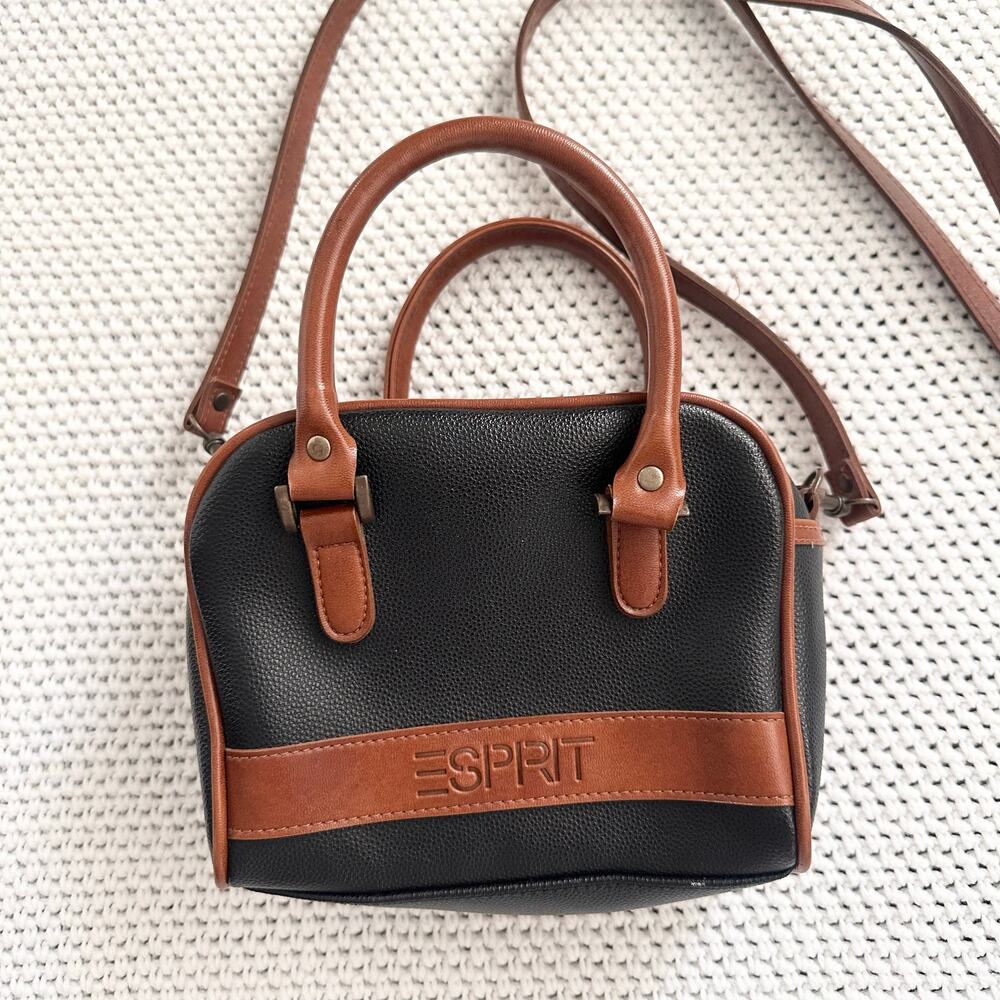 Esprit Vintage Black Tan Faux Leather Top Handle Camera Zip Crossbody Bag Y2K - Picture 2 of 8